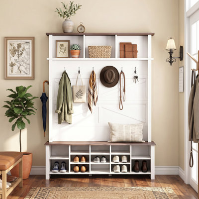 Adjustable Storage Hall Tree, Freestanding 4-in-1 Entryway Organizer with Bench, Umbrella Holder & 16 Open Compartments for Living Room