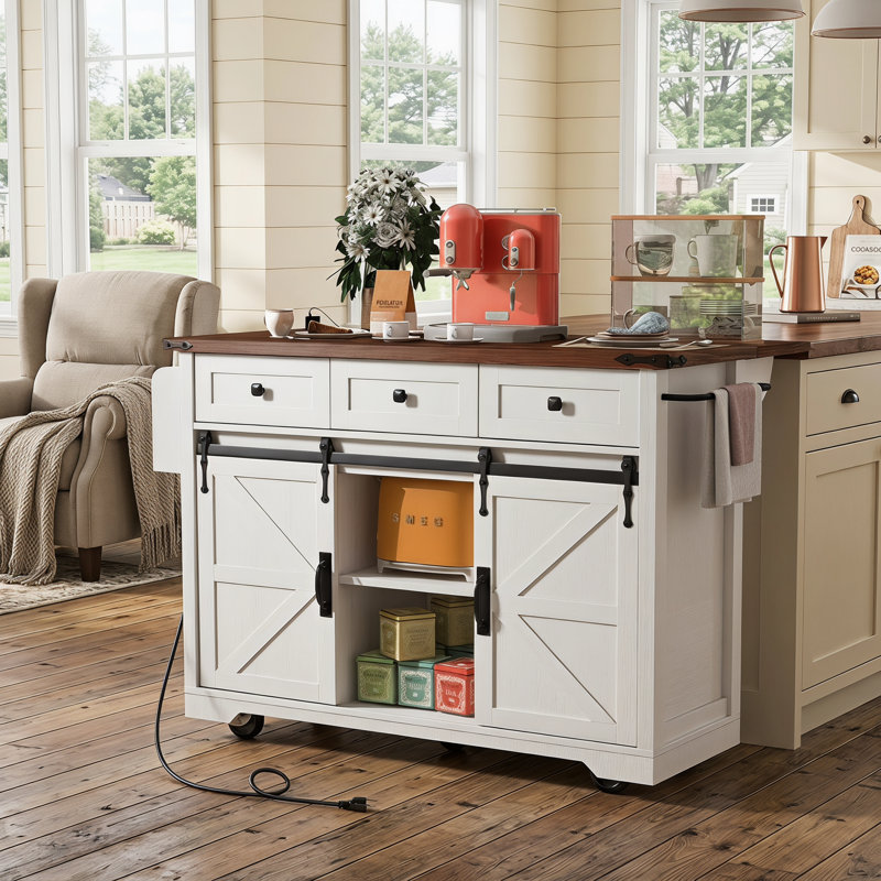 Table de préparation à roulettes de 53,7 po de charme rustique avec prise de courant, deux panneaux de porte de grange, rallonge pliante, tablette à herbes et épices, base à roulettes, polyvalente pour la maison, la cuisine et la salle à manger, blanc