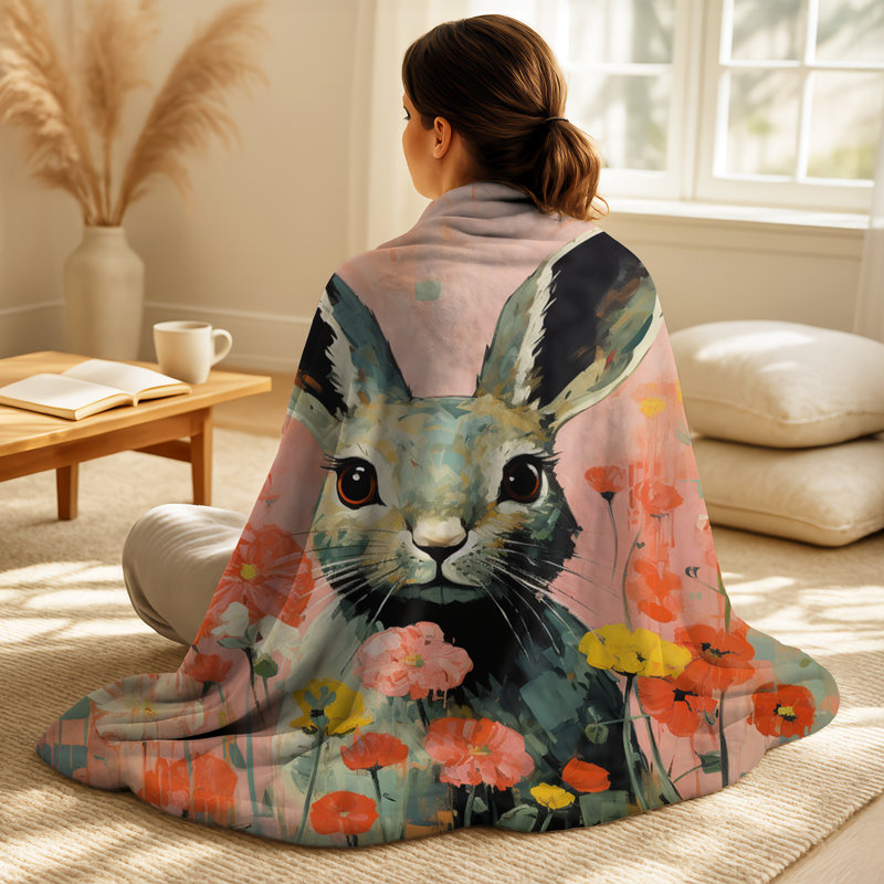 Curious Floral Rabbit Meadow II - couverture douillette Lapin