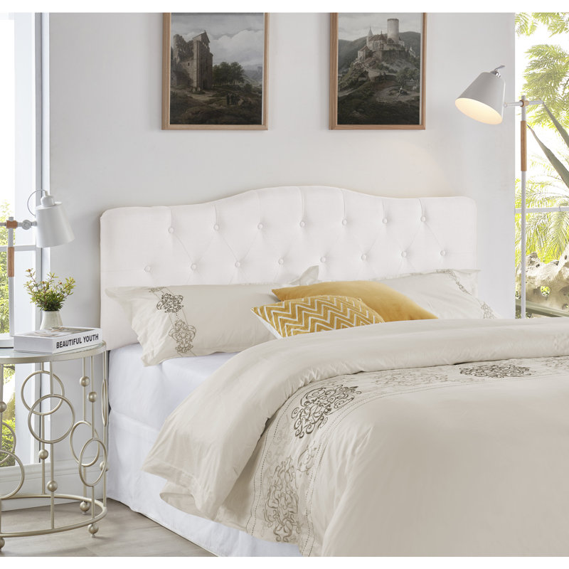 Arched Button Tufted Adjustable Upholstered Queen Headboard in Linen Fabric, Metal Legs