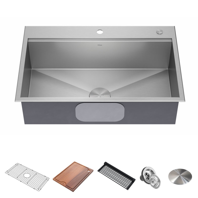 KRAUS Kore Drop-In Workstation 16 Gauge Stainless Steel Single Bowl Kitchen Sink with Accessories, 28" x 30"