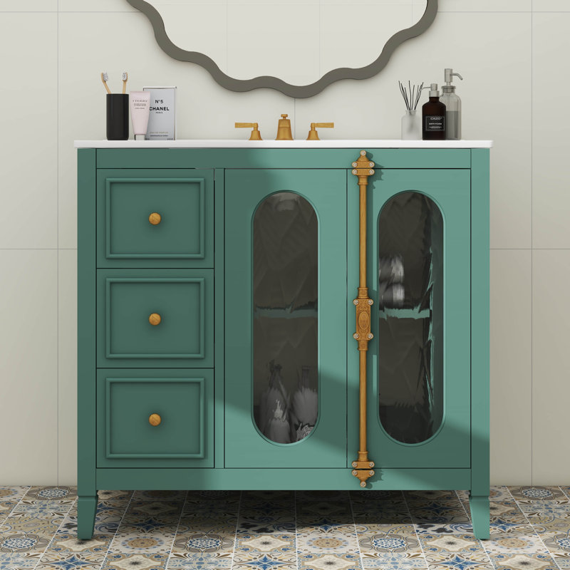 Meuble-lavabo de 36 pouces avec lavabo en céramique, meuble de rangement pour salle de bain avec 3 tiroirs, 2 portes et 2 tablettes latérales ouvertes