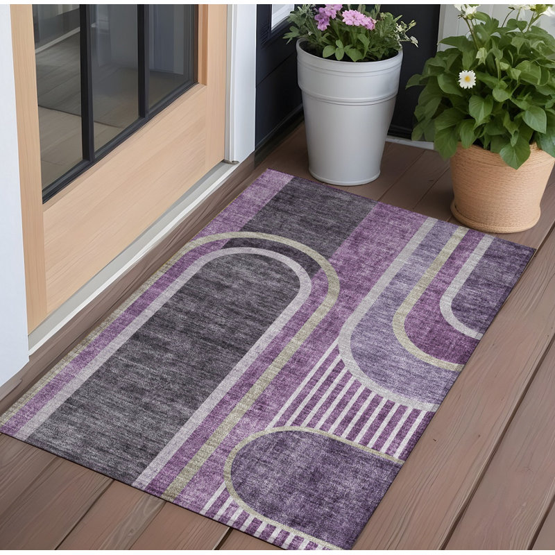 2' X 3' Purple and Black Abstract Washable Indoor Outdoor Area Rug