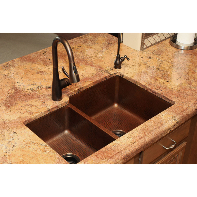 33" Hammered Copper Kitchen 40/60 Double Basin Sink with Matching Drains, and Accessories