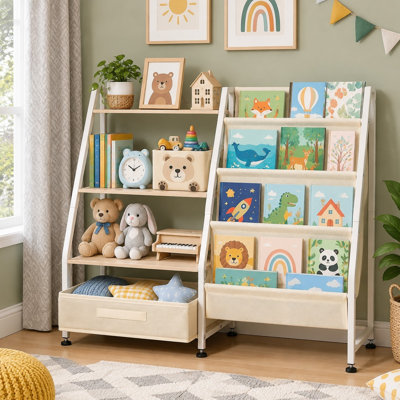 Cette bibliothèque pour bébé et tout-petit d'inspiration Montessori comprend 4 tablettes à livres en forme de toile et un coffre à jouets en tissu pour les chambres d'enfants, les chambres de bébé ou les salles de jeux.