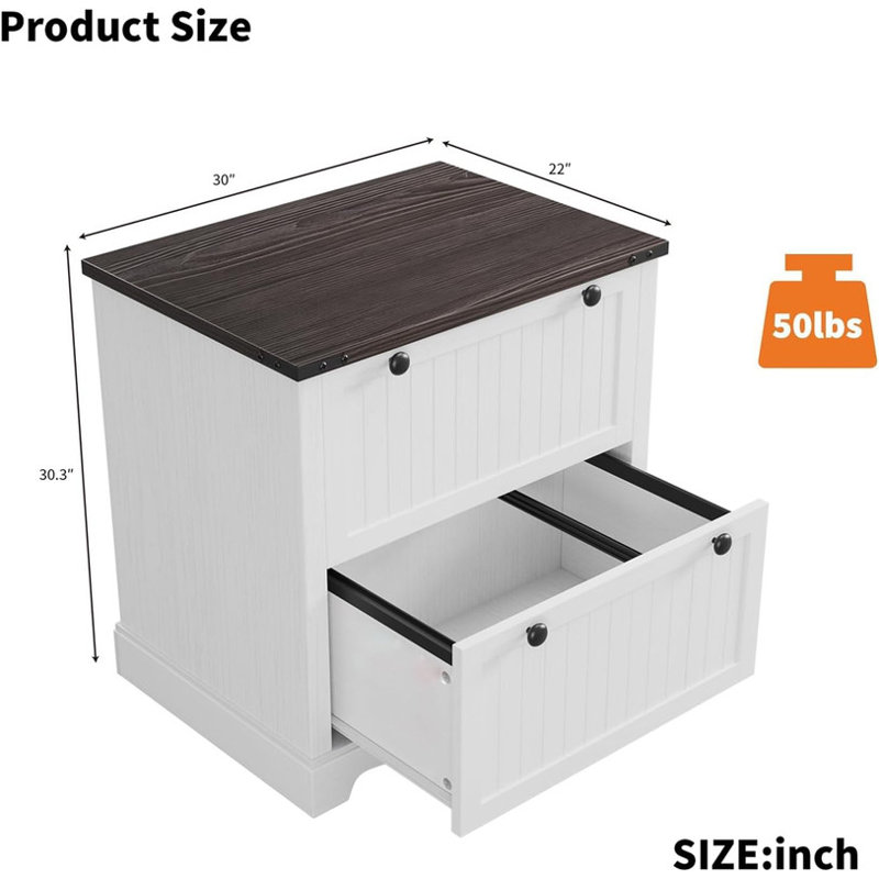 30" Farmhouse Lateral File Cabinet with 2 Drawers, Wood File Storage & Printer Stand for Home Office, Brown/White