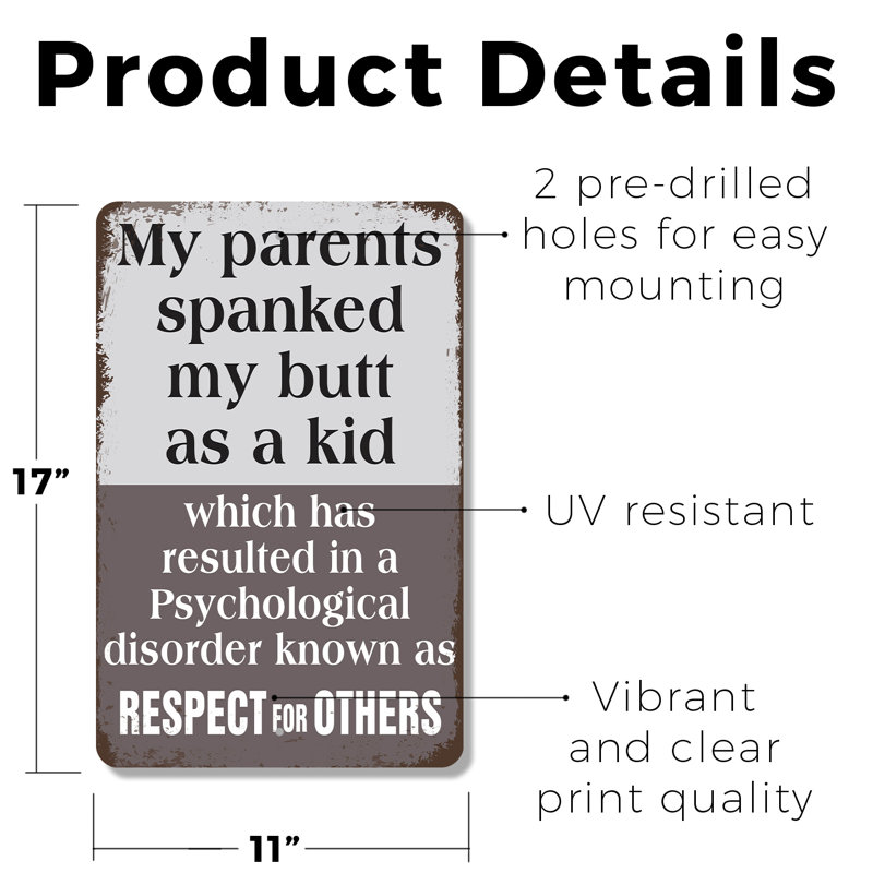 «My Parents Spanked My Bout as a Kid», enseigne en plastique 11 po x 17 po, H 11 po x l 17 po x P 0,1 po