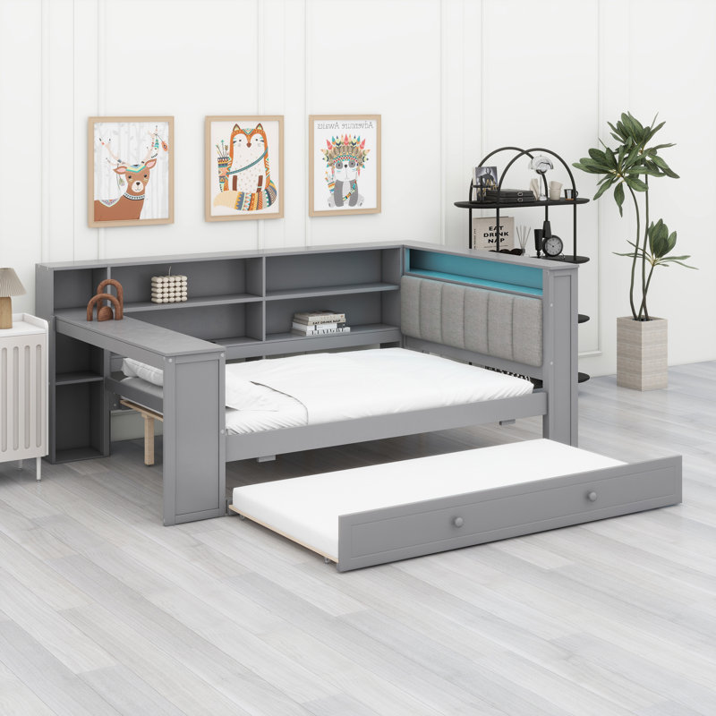 Lit plateforme avec tablettes de rangement, lit gigogne, Gris