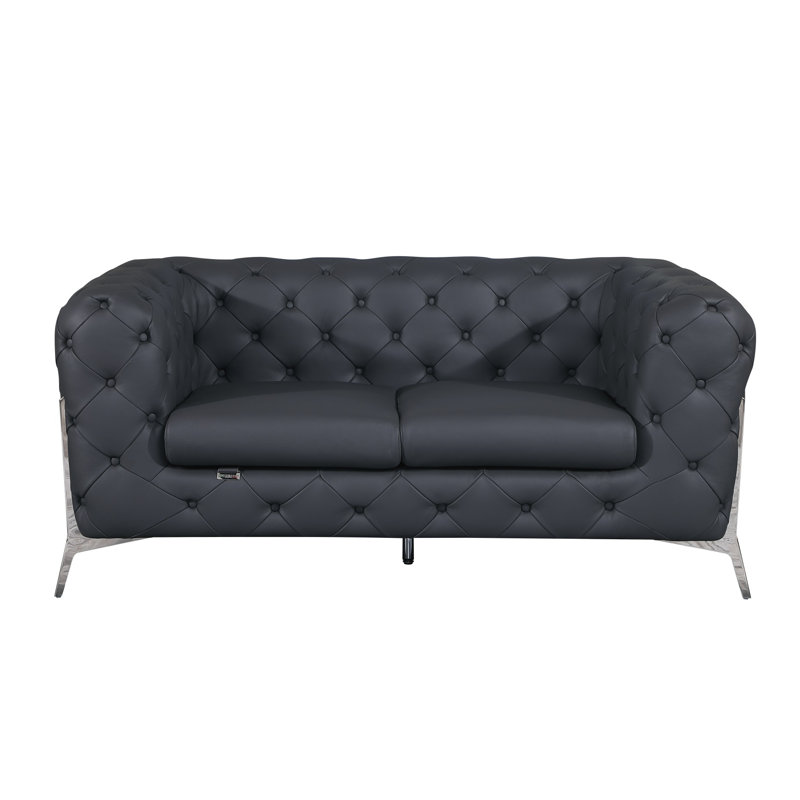 Ehrika Top Grain Italian Leather Loveseat, Silver, Dark Gray