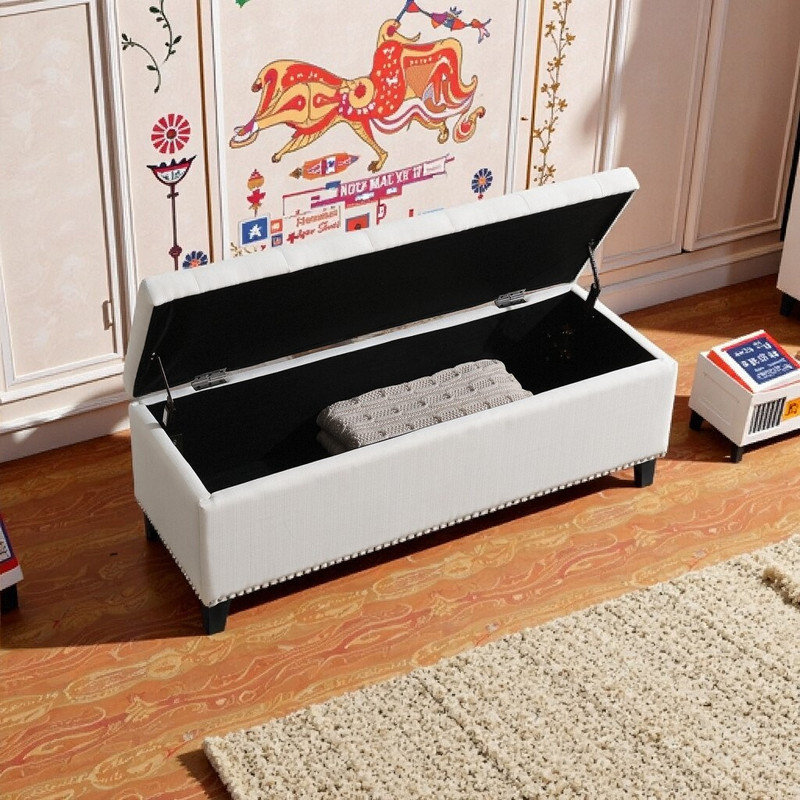 Banc de rangement avec repose-pieds de 47,5 po avec charnière de sécurité et support jusqu'à 500 lb, Beige
