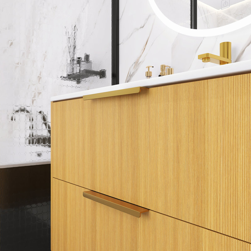 Meuble-lavabo mural moderne à 2 tiroirs avec lavabo à rayures fines, 30'', Chêne clair