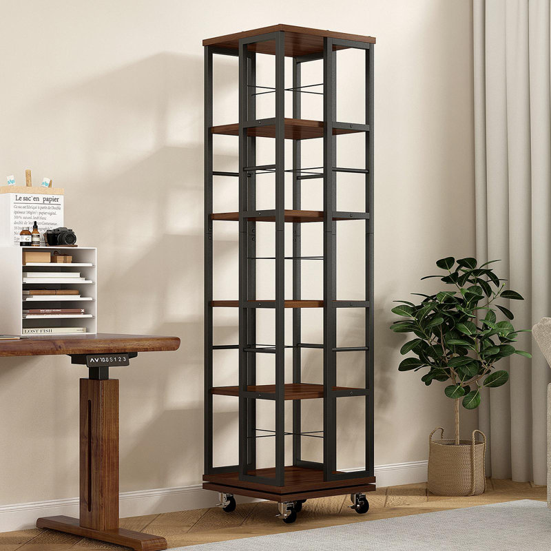 5 Tiers Rotating Bookshelf, Corner Bookcase, 360 Display Wood Spinning Bookshelves, Floor Standing Bookcase Narrow Shelf, Rustic Brown