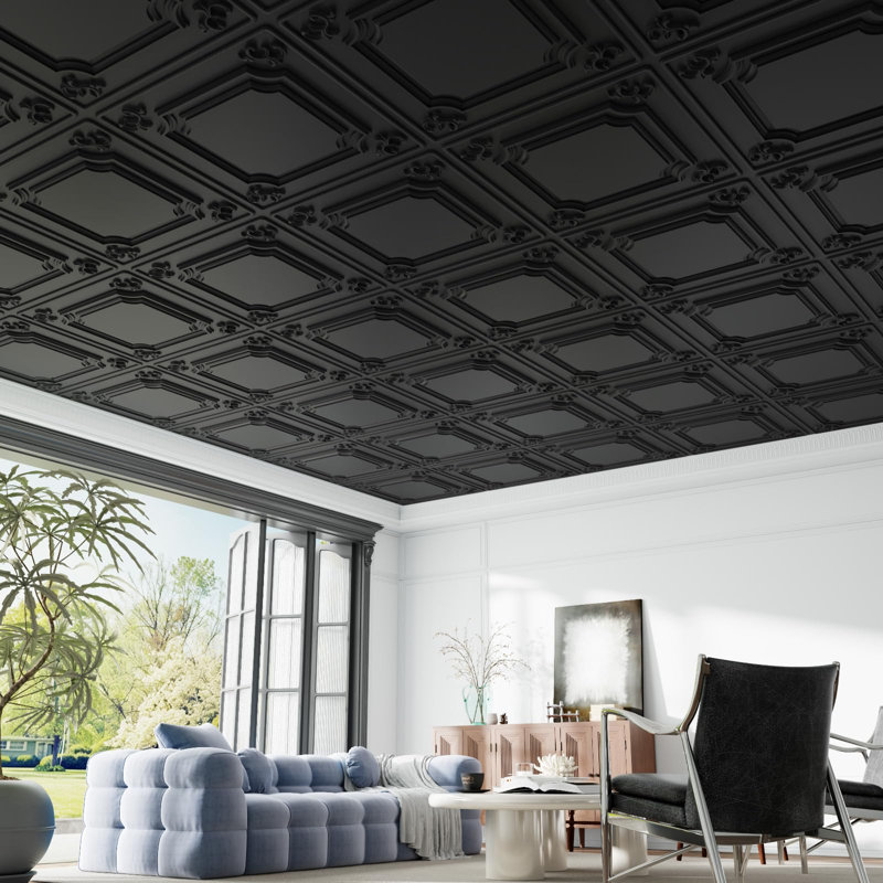 LooYee 24 PCS Black Ceiling Tiles 24x24 Inch, French Style 3D Decorative Ceiling Panels 2x2Ft PVC Waterproof Washable Plastic Material Ideal for Living Room Bedroom Bathroom Garage Cover 96 Sq.Ft