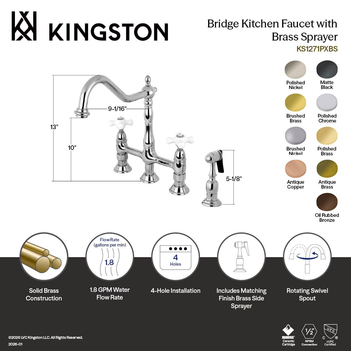 Kingston Brass Heritage Two-Handle 4-Hole Deck Mount Bridge Kitchen Faucet with Brass Side Sprayer, Brushed Nickel