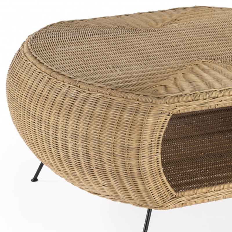 Table basse 38 "ovale en rotin et fer naturel et noir 38"