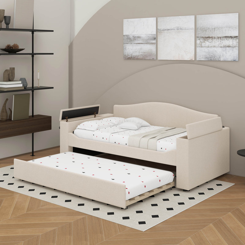 Lit de jour simple rembourré avec couchette et dernier système audio Bluetooth intégré, Beige, Lit simple