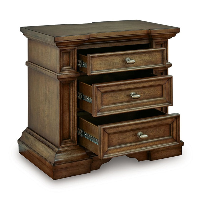 Table de chevet Lesa, 3 tiroirs avec boutons ovales en laiton antique, brun 32 pouces