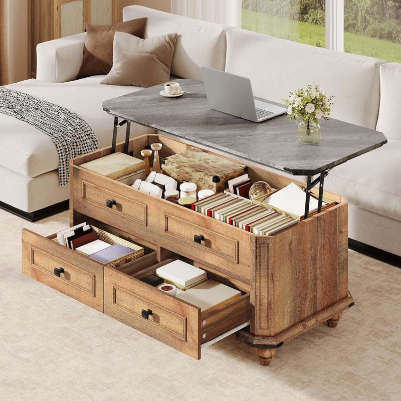 Table basse à plateau relevable avec rangement, compartiment caché, 2 tiroirs, table centrale en bois pour le salon ou la salle de réception, brun rustique