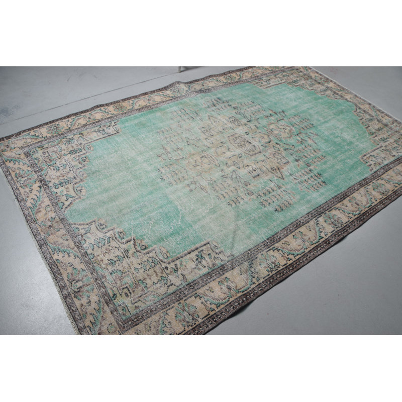 Tapis turc Oushak fait à la main avec un design vert rétro pour les chambres à coucher et les salons