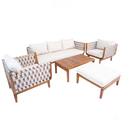 Ensemble de mobilier d'extérieur 5 pièces avec bois d'acacia, corde tissée à la main et coussins hydrofuges pour les cours modernes