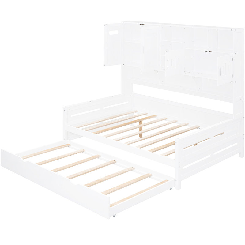  Lit de jour avec rangement et lit gigogne, style simple - Élégante tablette d'armoire en bois, Full, White