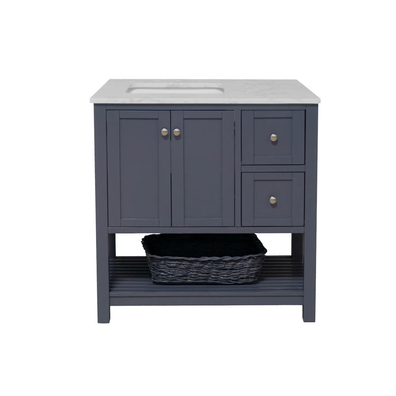 Ensemble de meuble-lavabo simple 36 po Binne, Gris marine, Carrara d'ingénierie
