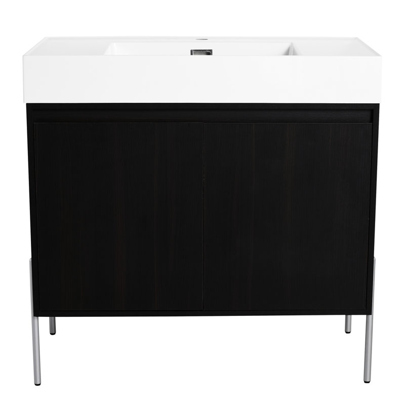 Meuble-lavabo autoportant en chêne foncé avec lavabo en résine, 34"