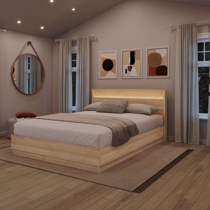 Harlow Queen Size Slatted Bedframe and Headboard with Integrated Light, Beige