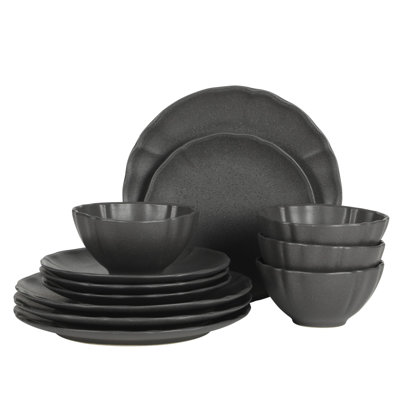 Gibson Elite Vista Rossio - Made In Portugal - 12 Piece Dinnerware Set for 4, Black Ceramic Plates and Bowls Sets, Stoneware Dishware Set with Scalloped Edge, Dinner Plates, Salad Plates and Cereal Bowls