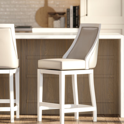 Tabouret de bar pivotant à hauteur de comptoir, H 26 po, blanc avec similicuir gris, siège pivotant à 180 degrés à retour automatique, siège spacieux de l 18,5 po x P 17 po, structure articulée, protection de plancher en plastique