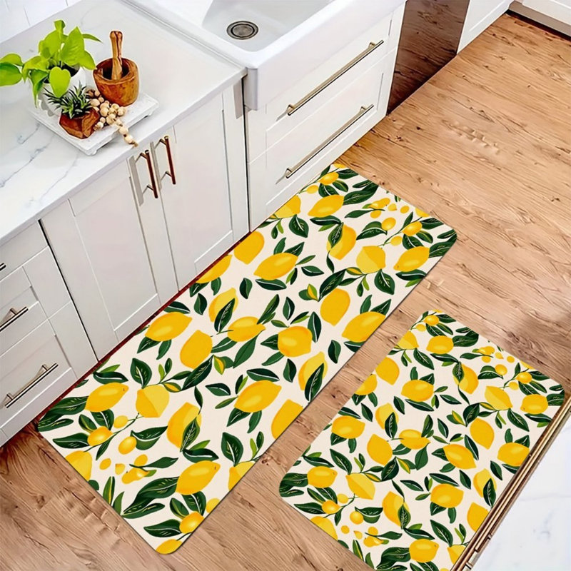 Minimalist Lemon Print Kitchen Mats for Kitchen & Simple Decor,Cream 2-Piece Set