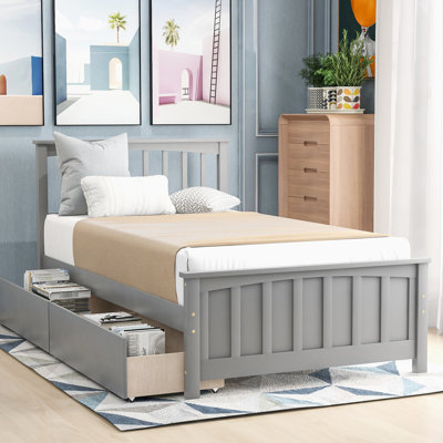 Lit plateforme simple avec deux tiroirs gris - Bois massif pour un tiroir de chambre à coucher