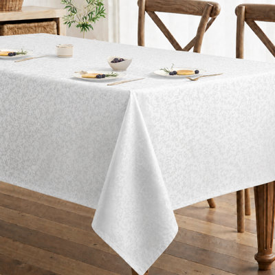 Violet Linen Signature Floral Patern, Polyester Jacquard Damask, White , 52 inch by 70 inch, Seats 4 to 6 people, Rectangular  Tablecloths