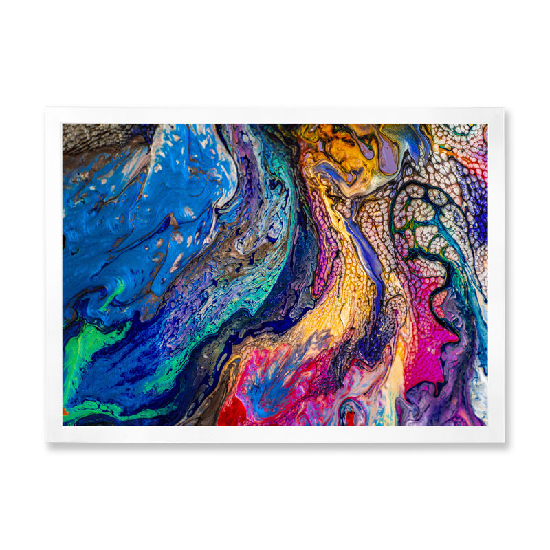 Rouge rouge bleu et jaune marbre - peinture sur toile, H 12 po x l 20 po, Cadre de coin blanc fermé
