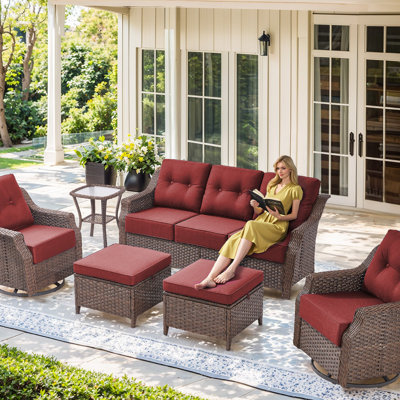 6 Piece Brown Wicker Patio Furniture with Cushions