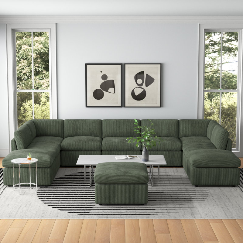 Arfsten Anagel 160'' Wide Symmetrical Modular Corner Sectional with Ottoman, Green Corduroy