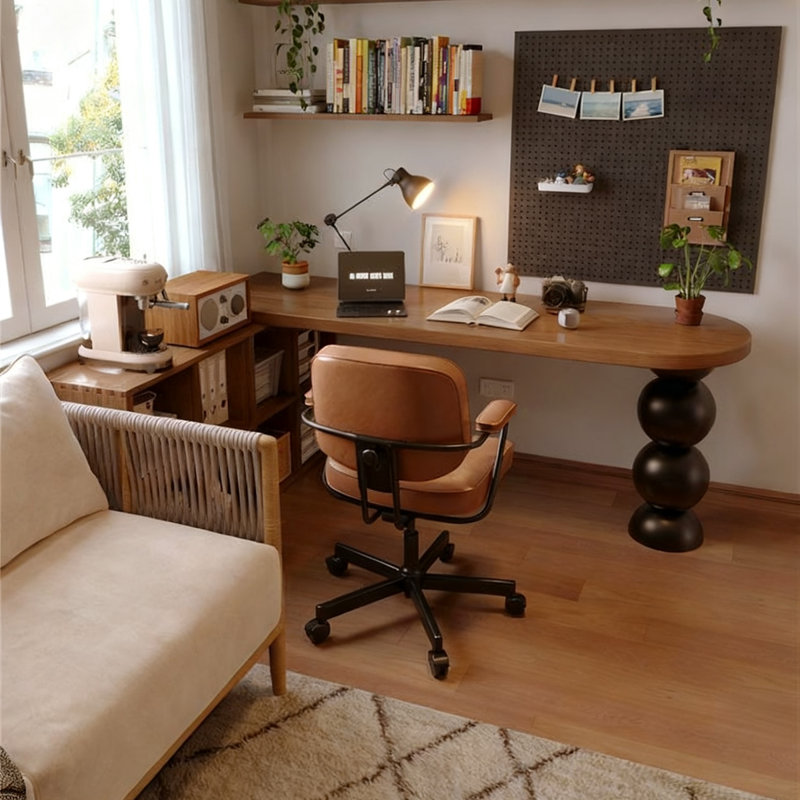 Bureau en bois massif brun et noir demi-cercle, H 29,53 po x l 78,74 po x P 55,12 po