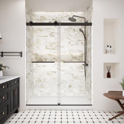 44–48" W x 74" H Frameless Shower Door with 5/16" (8mm) Explosion-Proof Film Tempered Clear Glass, Sliding Shower Door with Soft-Close Anti-Collision, Matte Black