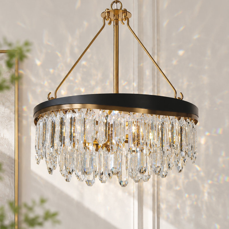 Kethe 4-Light Modern Dimmable Drum Chandelier with Black and Brass Crystal for Dining Room