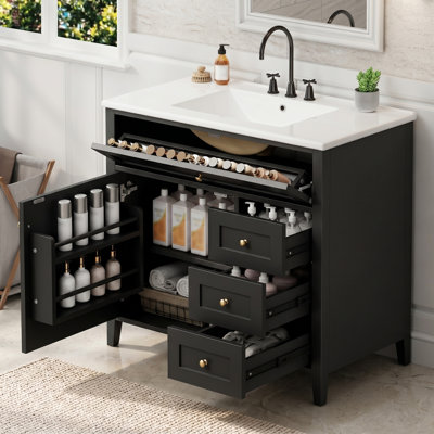 36" Freestanding Bathroom Vanity With Sink, Modern Mdf-Rubberwood Cabinet, Sink Is Included.