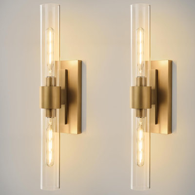 Modern Brass Wall Sconce Set Of 2 - Dimmable Gold Vanity Lights With Clear Glass Tube, Vertical Or Horizontal Mount For Bathroom, Living Room, Hallway