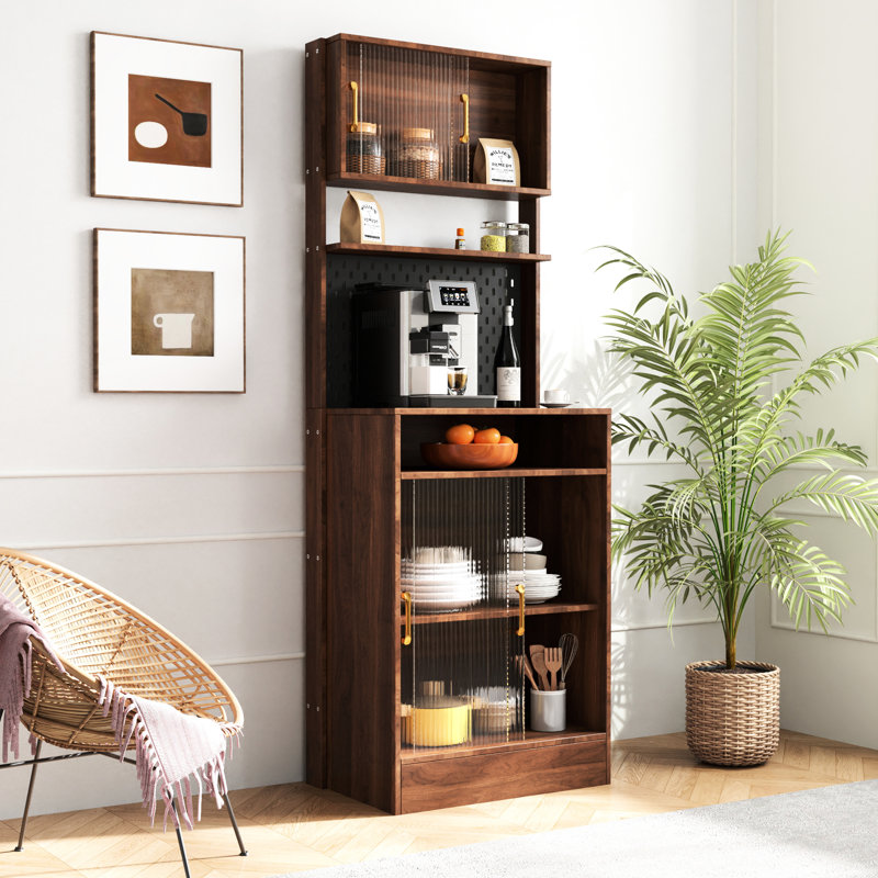 Buffet de cuisine avec 2 portes coulissantes en verre - Armoire de rangement de comptoir autoportante pour bouteilles, vin, machine à café, micro-onde Hauteur noyer