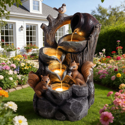Squirrel Outdoor Water Fountain With Lights Waterfall Garden Decor Resin Tree Stump Pouring Jug For Patio Yard Porch