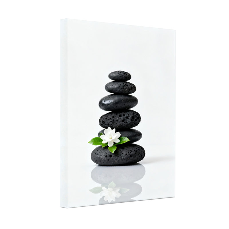 Pile de pierres noires pour le bain et la lessive avec fleur blanche, H 36 po x l 24 po