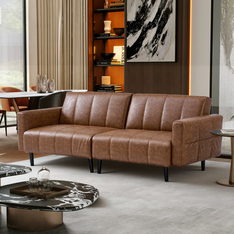 82.7'' Faux Leather Convertible Sofa, Mid Century Modern Leather Futon Sofa Bed with Adjustable Backrest & Storage Pocket