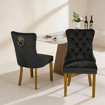 Velvet Upholstered Dining Chair with Golden Wooden Legs and Nailhead Trim, Set of 2