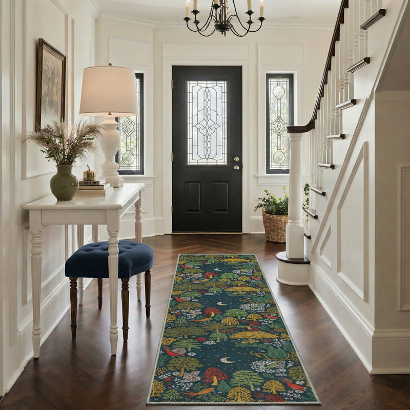 Lunaria Abstract Moonlit Forest Machine Washable Midnight Indoor Area Rug With Non-Slip Backing, Round 5'