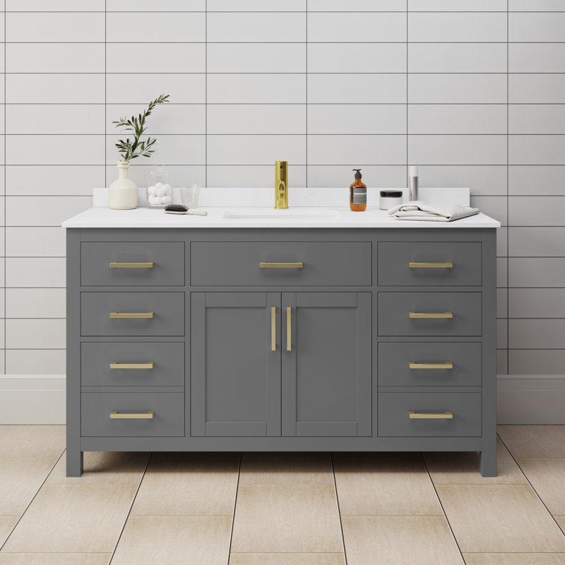 Beckett 60" Single Bathroom Vanity Set, Brushed Gold, Dark Gray, White Cultured Marble
