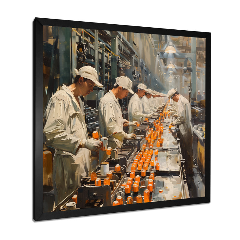  «Orange White ligne d'assemblage Factories II - usines d'art mural», Toile encadrée noire simple, H 16 po x l 16 po x P 1 po