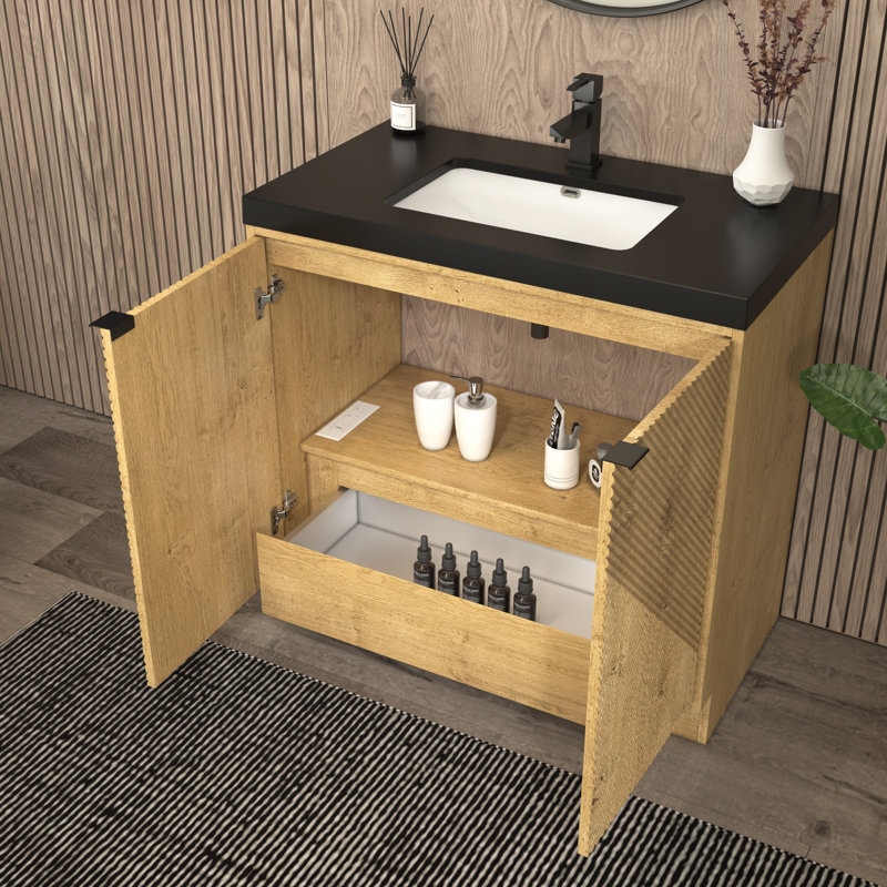 Monterey 35.4" Freestanding Bathroom Vanity + Reinforced Black Acrylic Sink, Oak